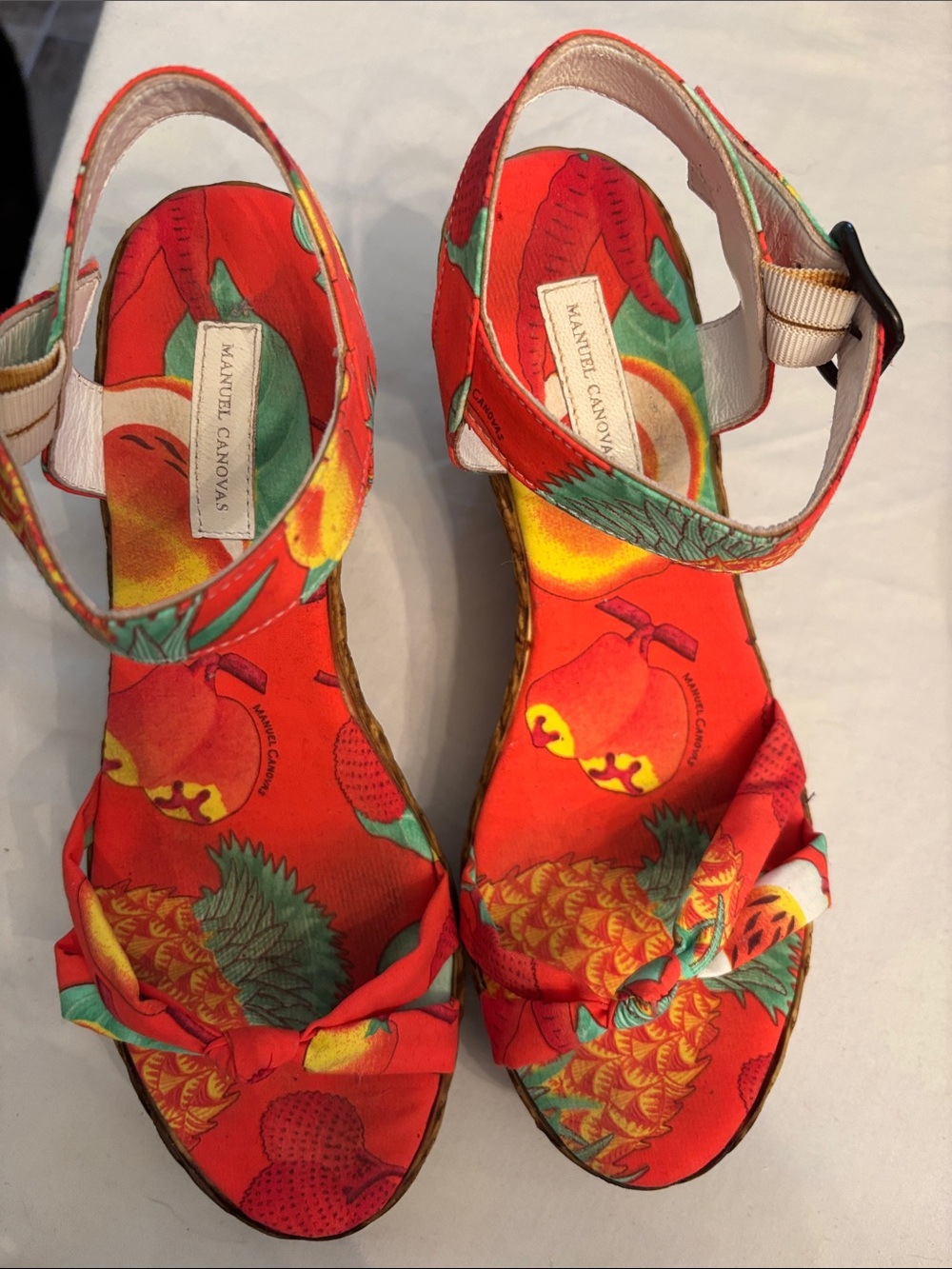 Manuel Canovas Red Tropical Fruit Print Wedge Sandals